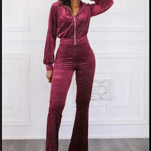 Velvet Two Pieces Set Bomber Jacket and Flare Pants